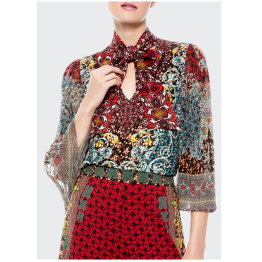 Alice + Olivia Red Multi-Print Tie-Neck Blouse